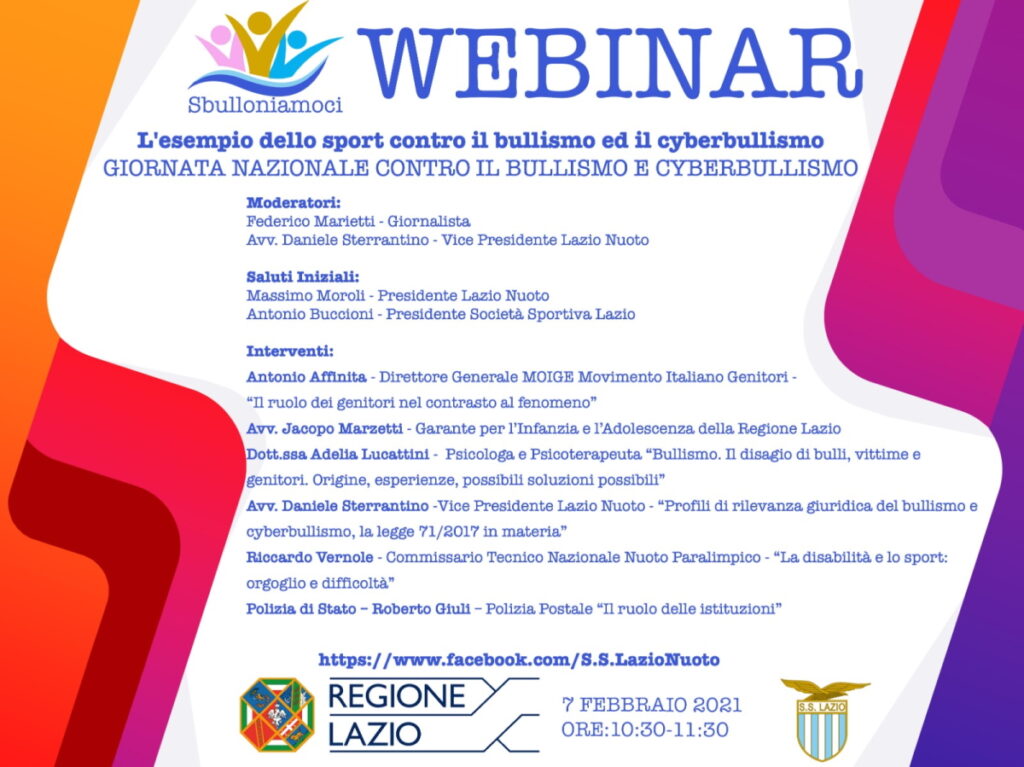 “SBULLONIAMOCI”: DOMENICA IL WEBINAR DELLA S.S. LAZIO NUOTO CONTRO BULLISMO E CYBERBULLISMO